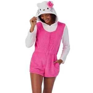 NWT Women's Med Hello Kitty Romper Pajamas w/Hood Sanrio Pink One Piece - Cute